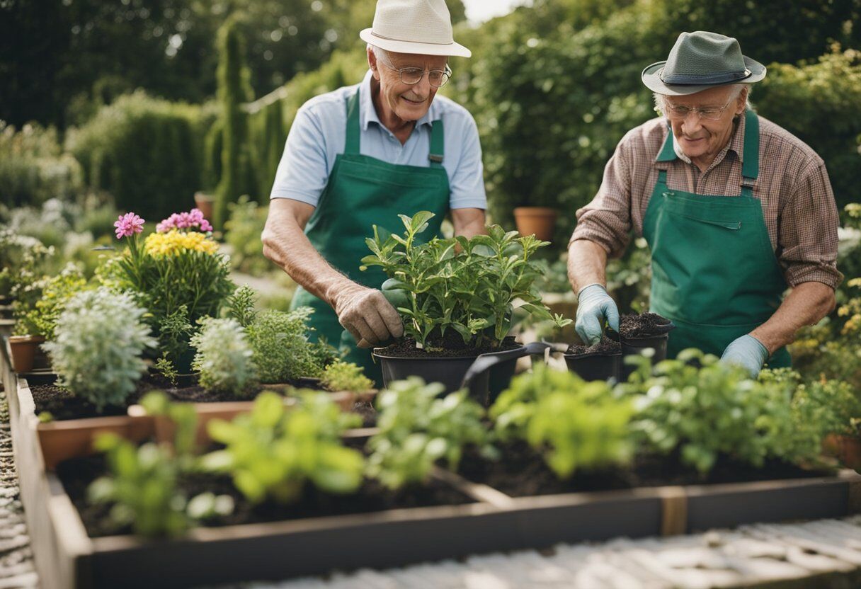 Tukang kebun senior merawat tanaman mereka dengan ahli, mengikuti panduan kesehatan dan keselamatan. Tips hobi dan panduan berkebun sedang digunakan.